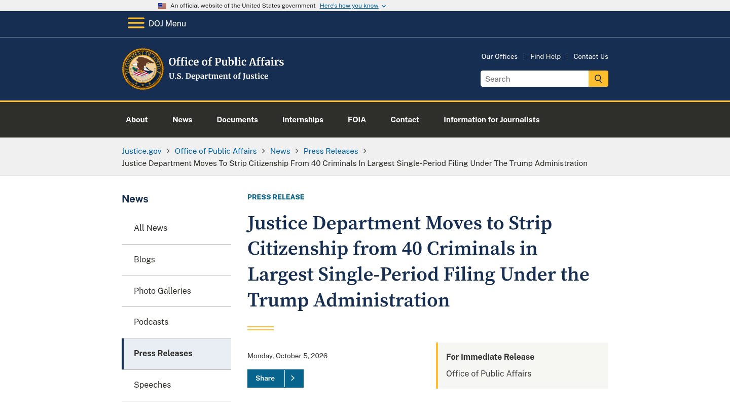 Justice Department Moves to Strip Citizenship from 40 Criminals in Largest Single-Period Filing Under the Trump Administration