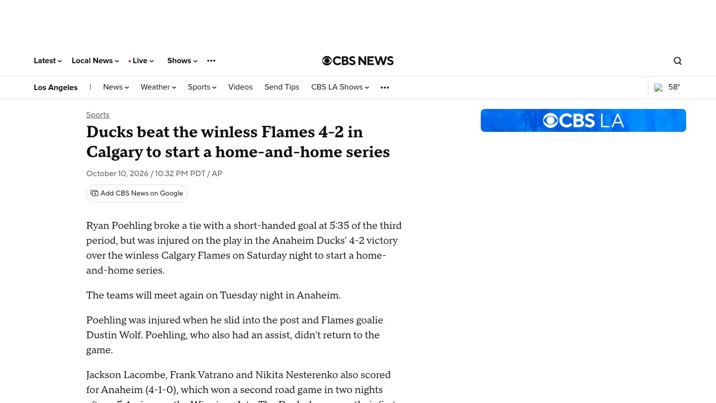 Ducks beat the winless Flames 4-2 in Calgary to start a home-and-home series