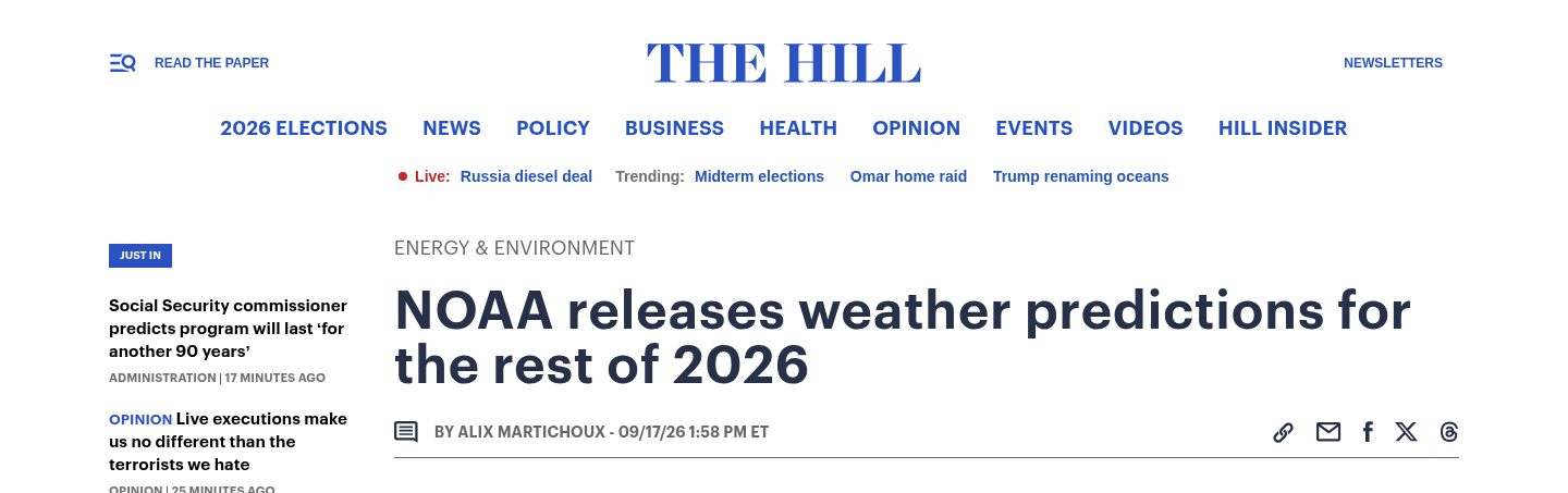 NOAA releases weather predictions（南加-大西洋中部多雨）