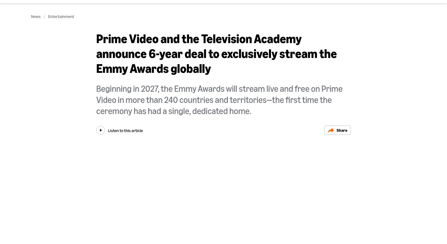 Prime Video and the Television Academy announce 6-year deal to exclusively stream the Emmy Awards globally