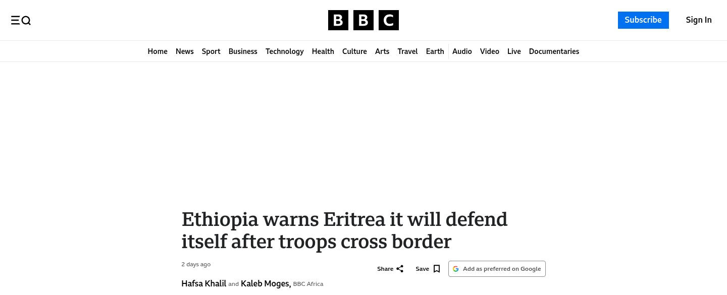 Ethiopia warns Eritrea it will defend itself after troops enter Tigray
