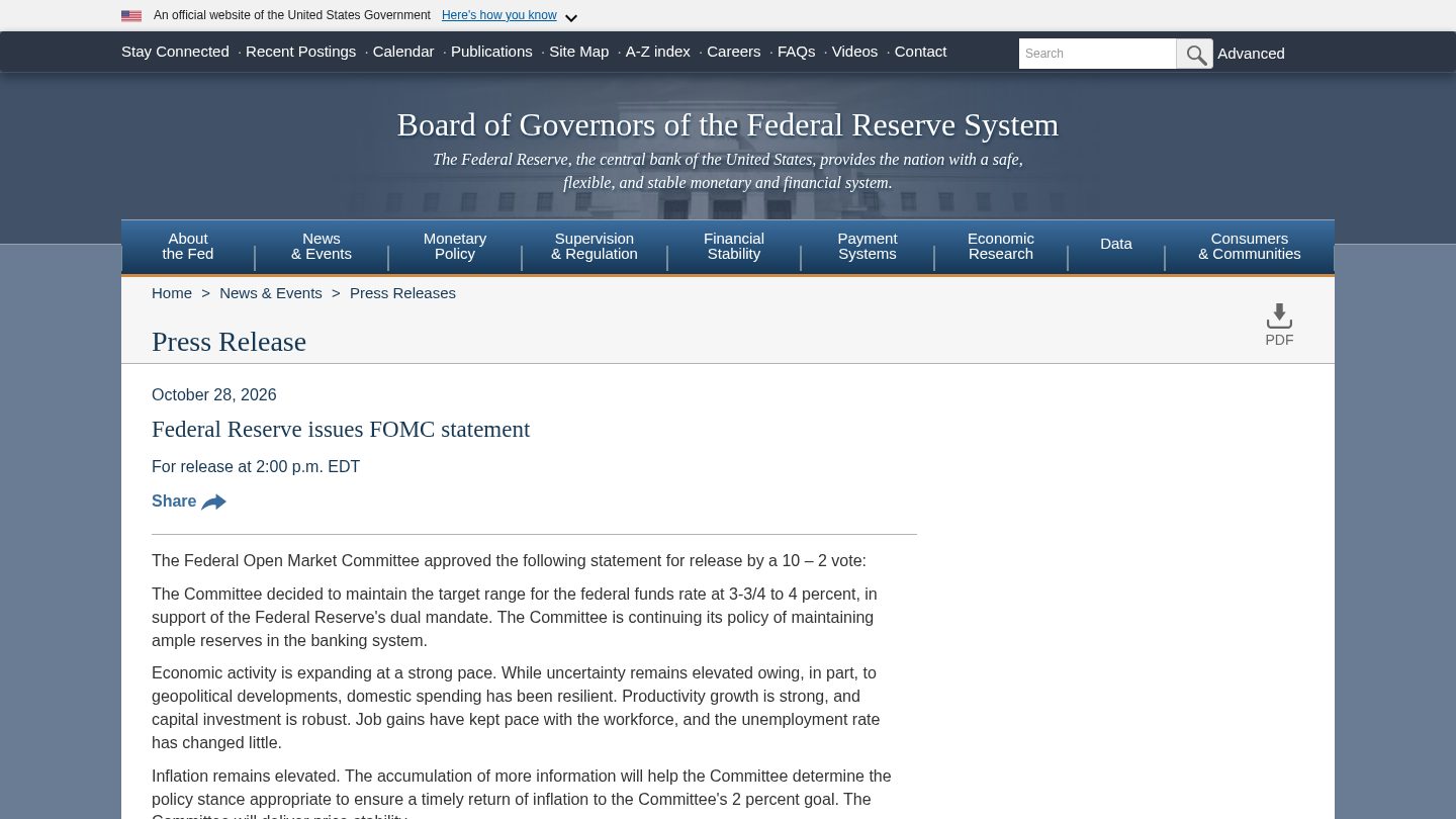 Federal Reserve issues FOMC statement