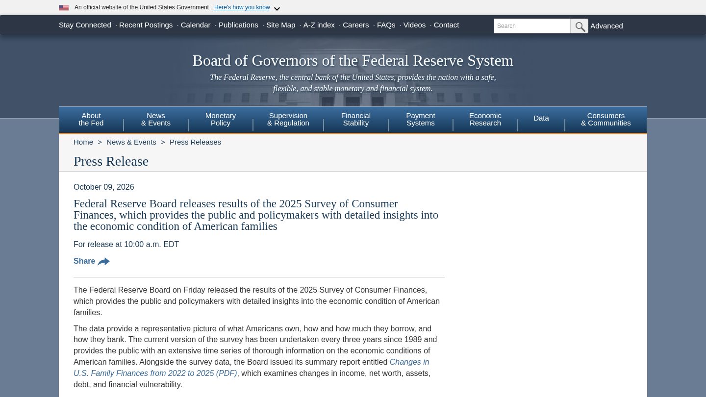 Federal Reserve Board releases results of the 2025 Survey of Consumer Finances