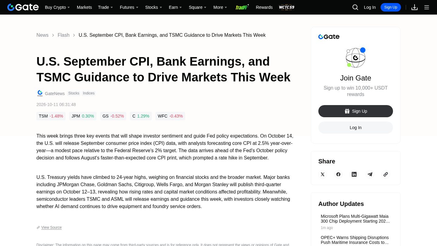 U.S. September CPI, Bank Earnings, and TSMC Guidance to Drive Markets This Week