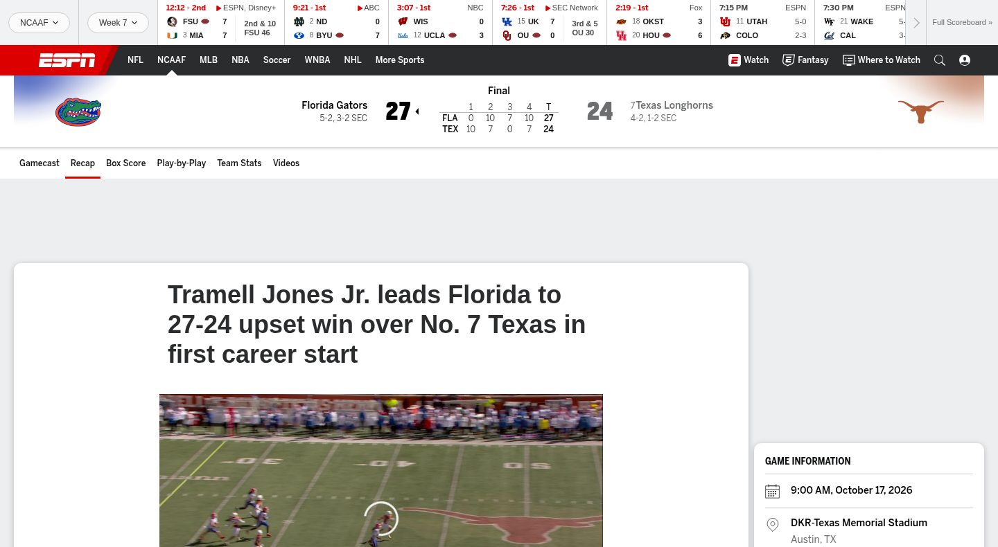 Florida 27-24 Texas (Oct 17, 2026) Game Recap