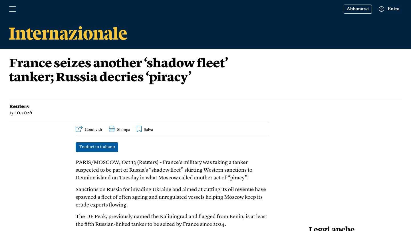 France seizes another 'shadow fleet' tanker; Russia decries 'piracy'