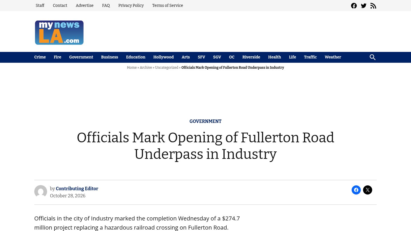 Officials Mark Opening of Fullerton Road Underpass in Industry