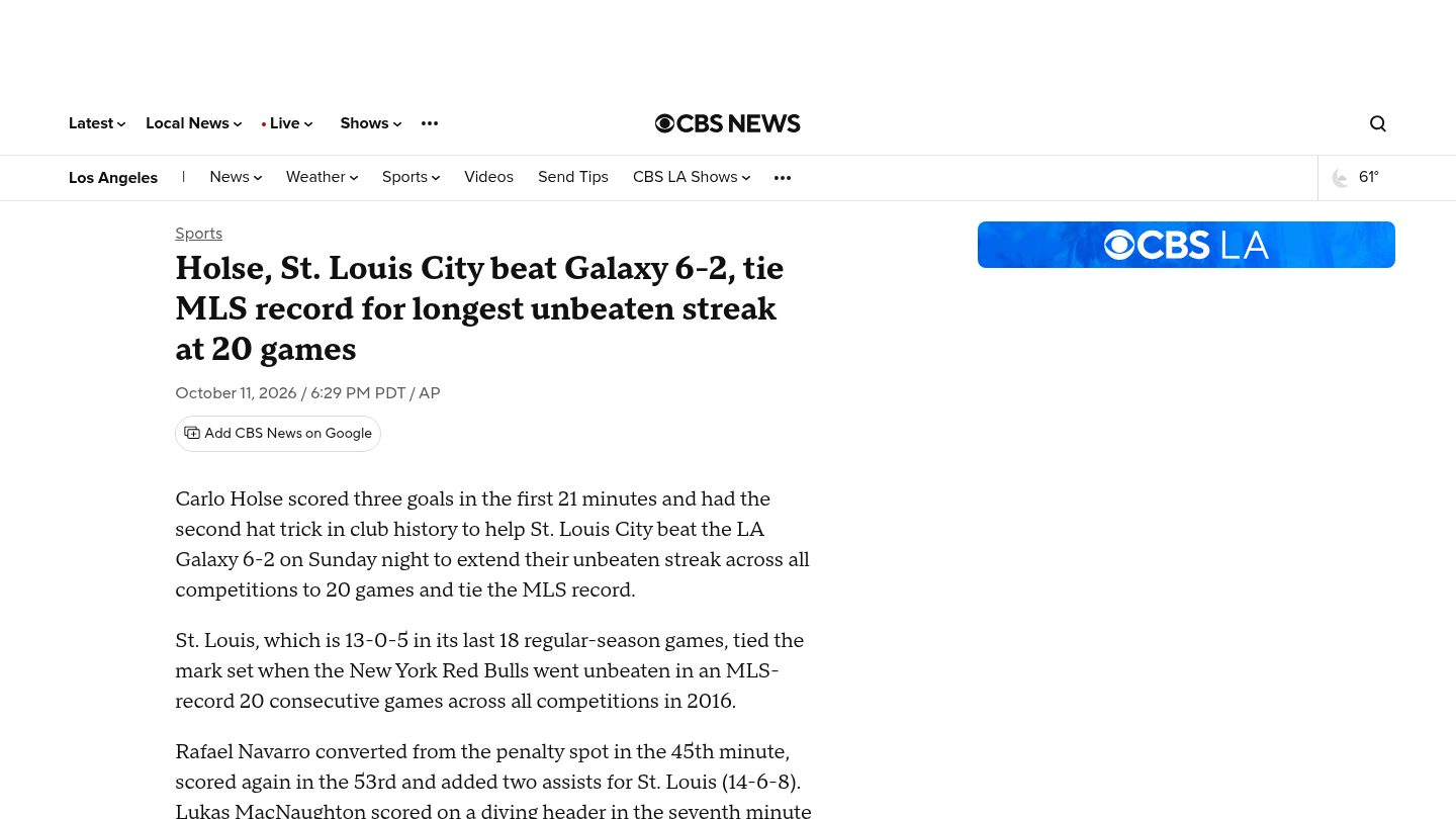 Holse, St. Louis City beat Galaxy 6-2, tie MLS record for longest unbeaten streak at 20 games