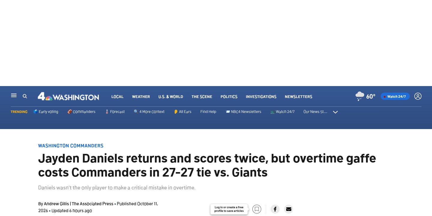 Daniels and Commanders settle for 27-27 tie with Giants after botching final play of OT