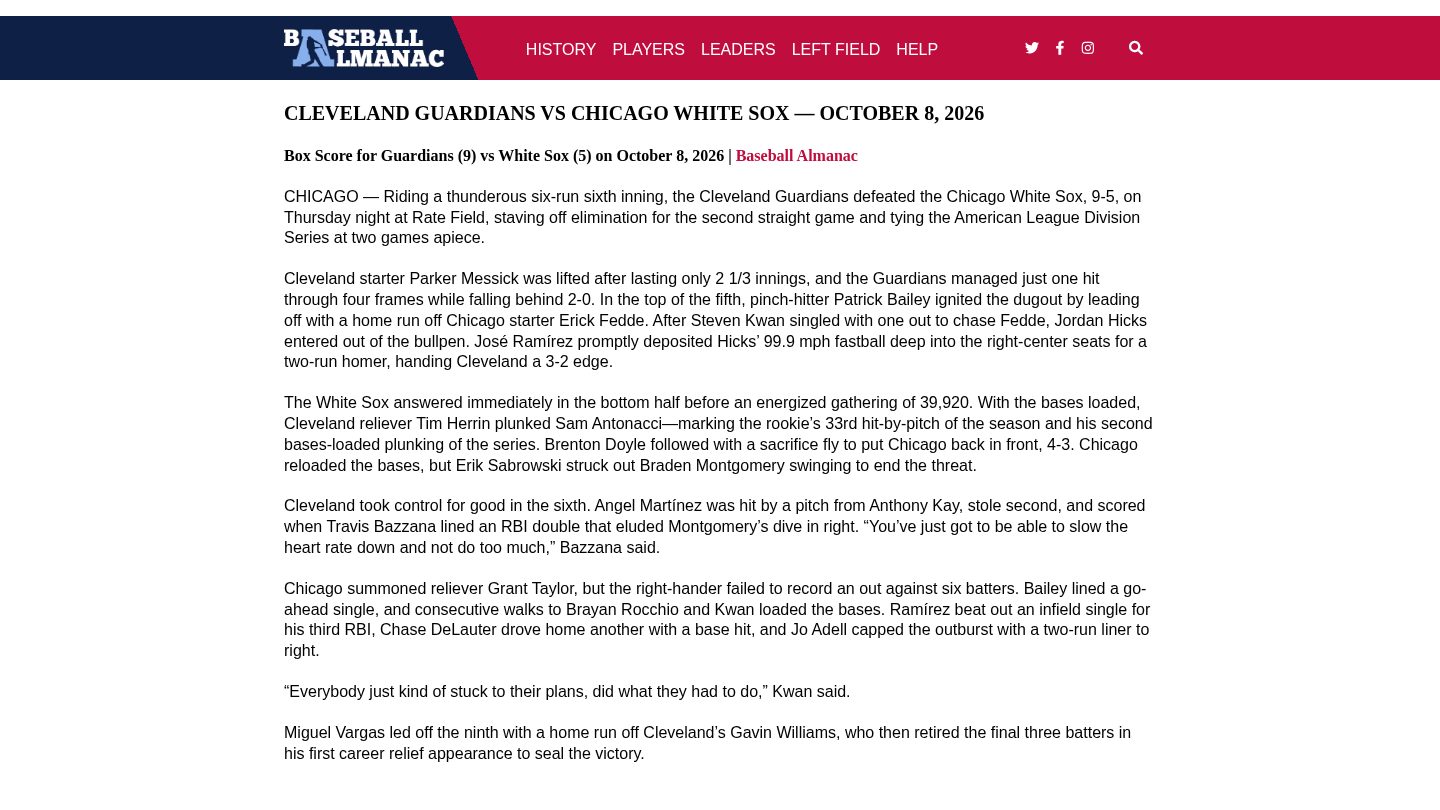 2026 AL Division Series Game 4: Guardians 9 at White Sox 5
