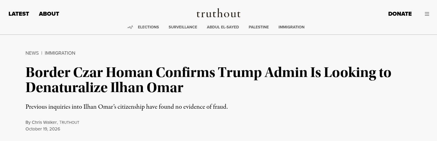 Border Czar Homan Confirms Trump Admin Is Looking to Denaturalize Ilhan Omar