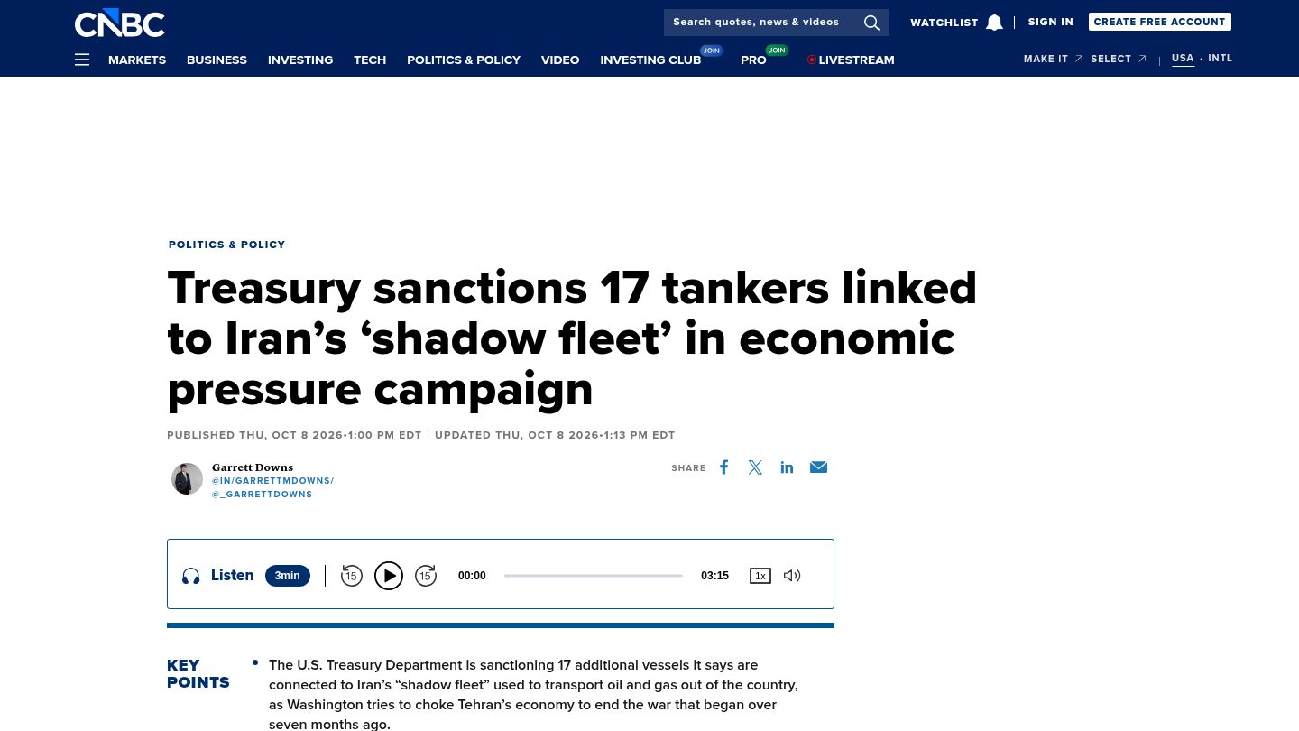 Treasury sanctions 17 tankers linked to Iran's 'shadow fleet' in economic pressure campaign