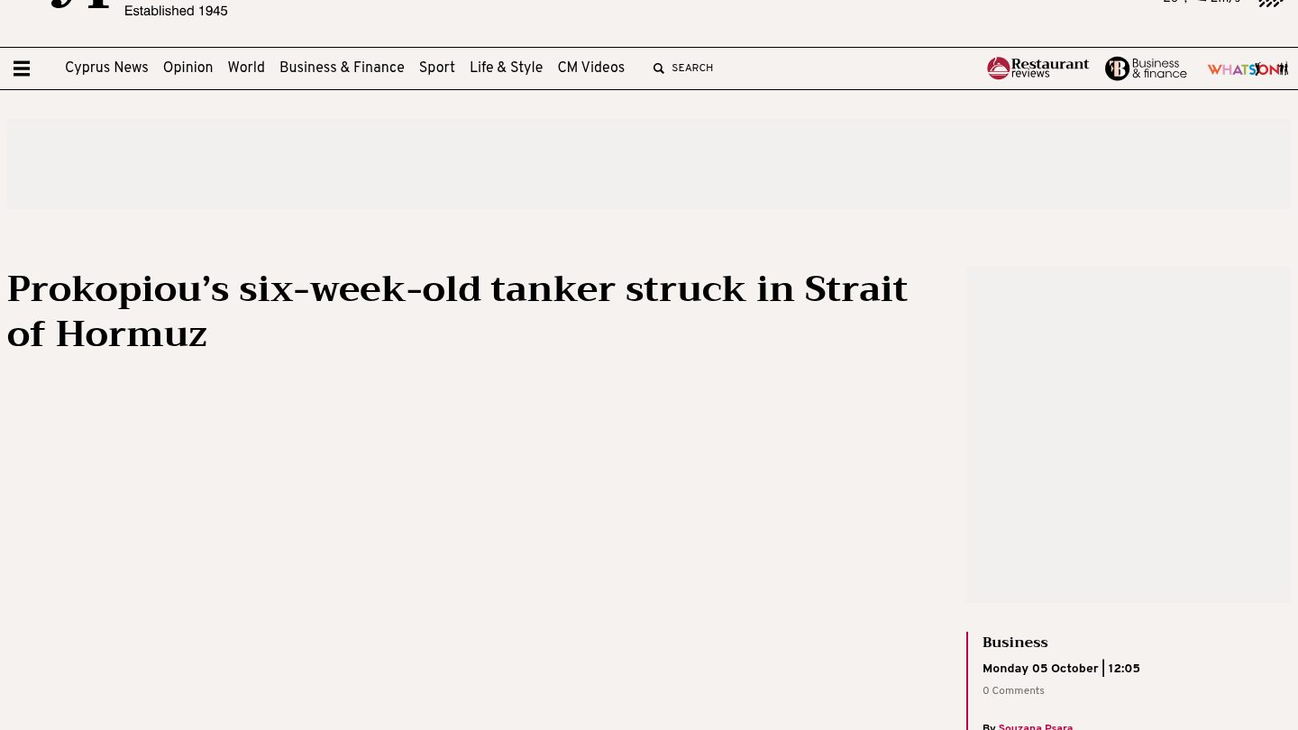 Prokopiou’s six-week-old tanker struck in Strait of Hormuz