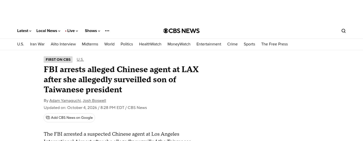 FBI arrests alleged Chinese agent at LAX after she allegedly surveilled son of Taiwanese president