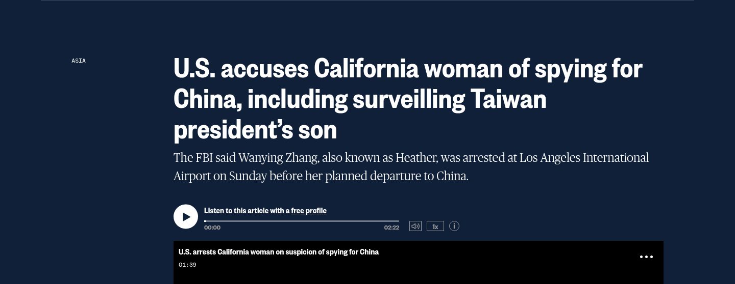 U.S. accuses California woman of spying for China, including surveilling Taiwan president’s son