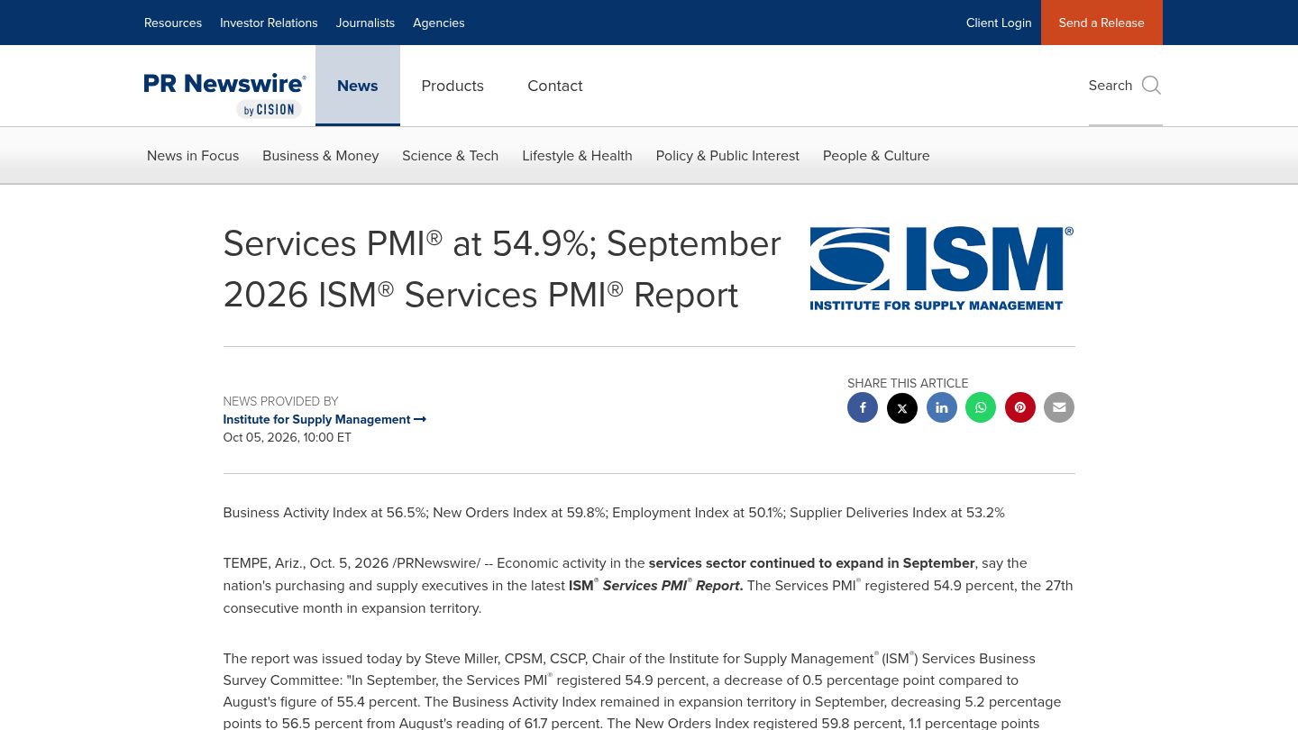 Services PMI® at 54.9%; September 2026 ISM® Services PMI® Report