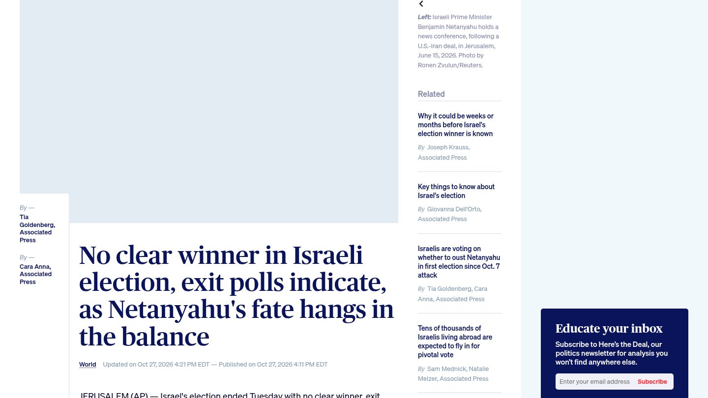 No clear winner in Israeli election, exit polls indicate, as Netanyahu's fate hangs in the balance