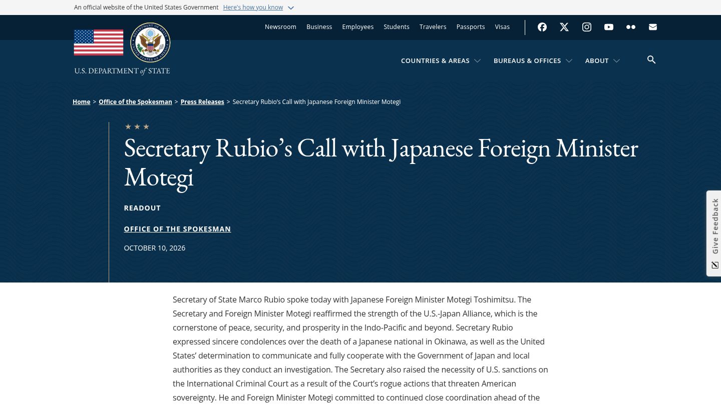 Secretary Rubio's Call with Japanese Foreign Minister Motegi
