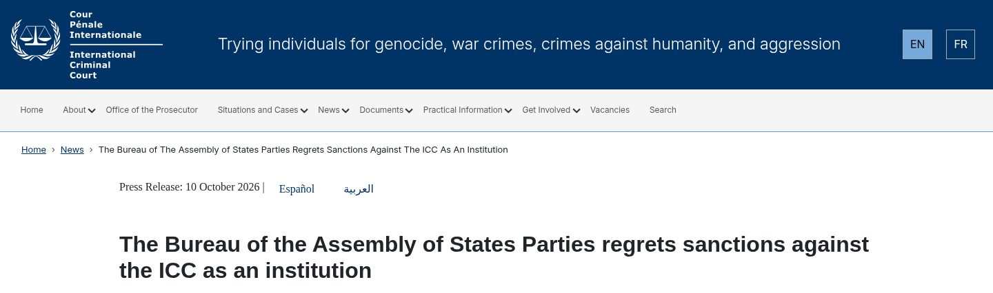 The Bureau of the Assembly of States Parties regrets sanctions against the ICC as an institution