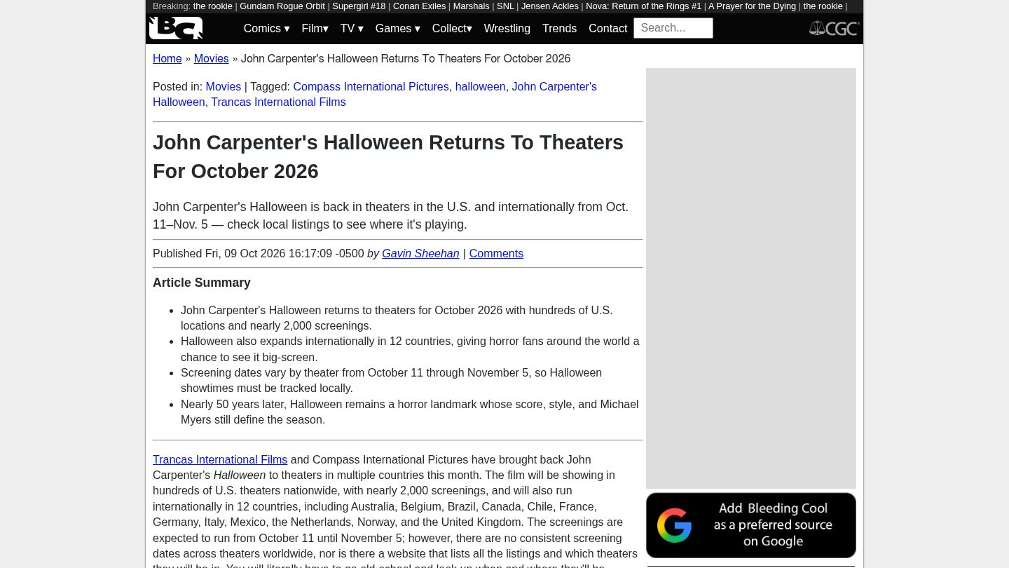 John Carpenter's Halloween Returns To Theaters For October 2026