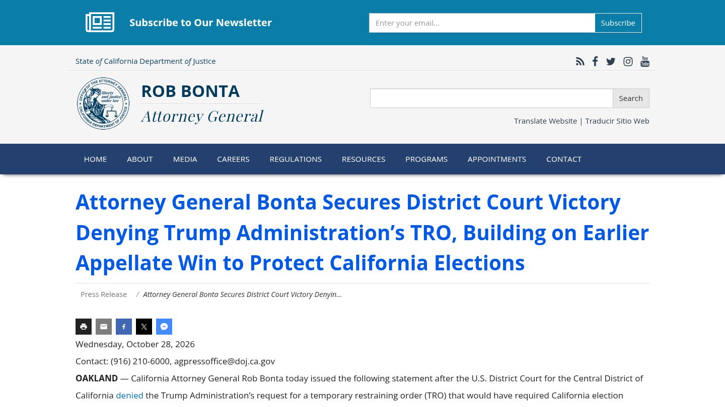 Attorney General Bonta Secures District Court Victory Denying Trump Administration's TRO, Building on Earlier Appellate Win to Protect California Elections