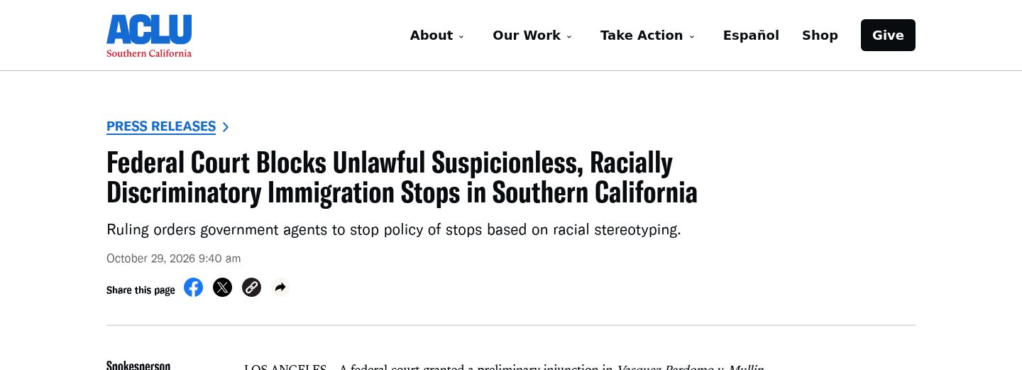 Federal Court Blocks Unlawful Suspicionless, Racially Discriminatory Immigration Stops in Southern California