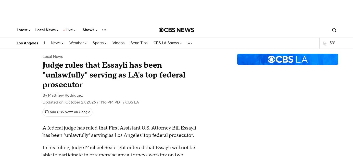 Judge rules that Essayli has been "unlawfully" serving as LA's top federal prosecutor