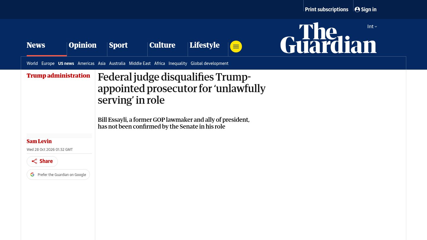 Federal judge disqualifies Trump-appointed prosecutor for 'unlawfully serving' in role