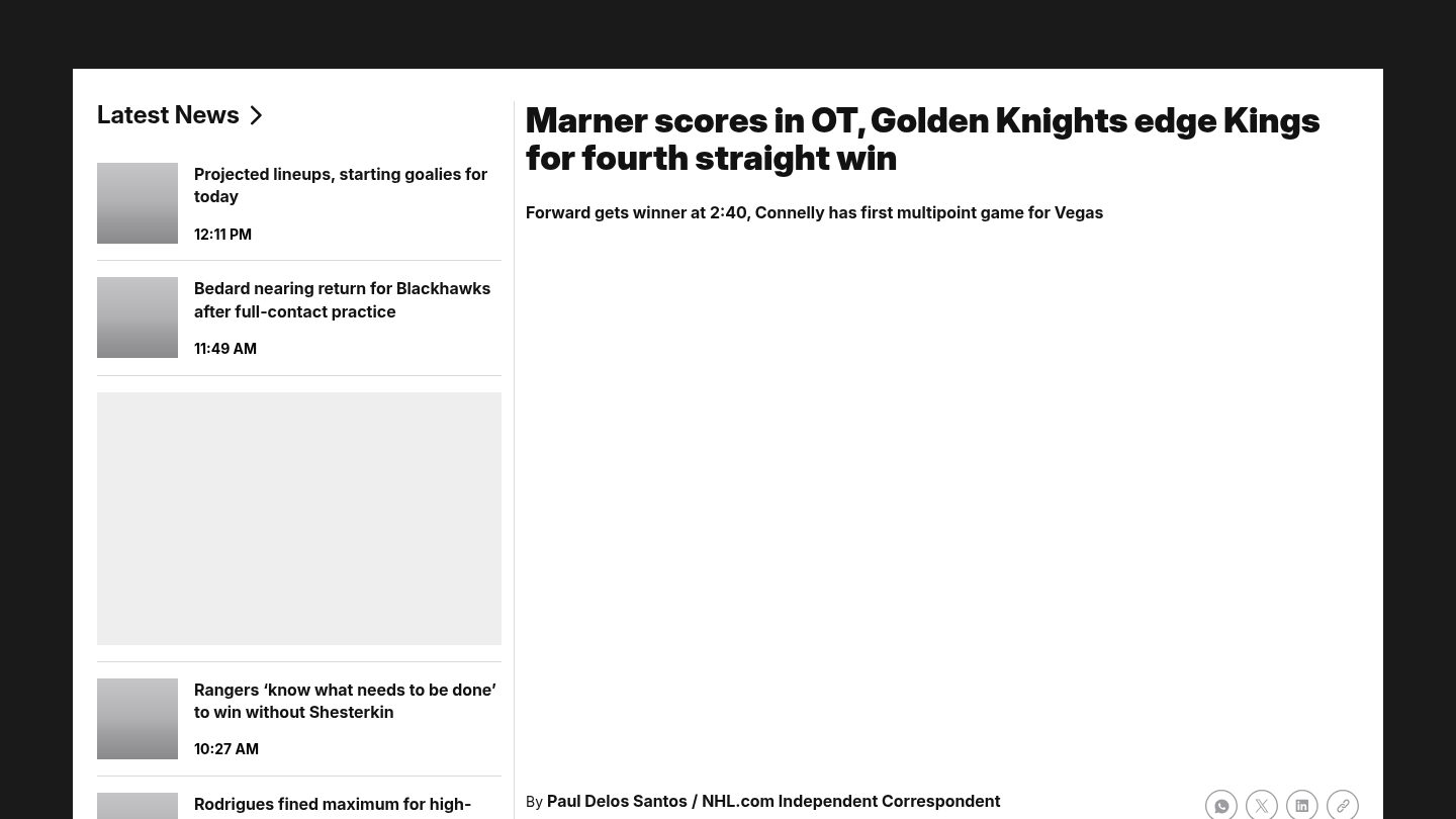 Marner scores in OT, Golden Knights edge Kings for fourth straight win