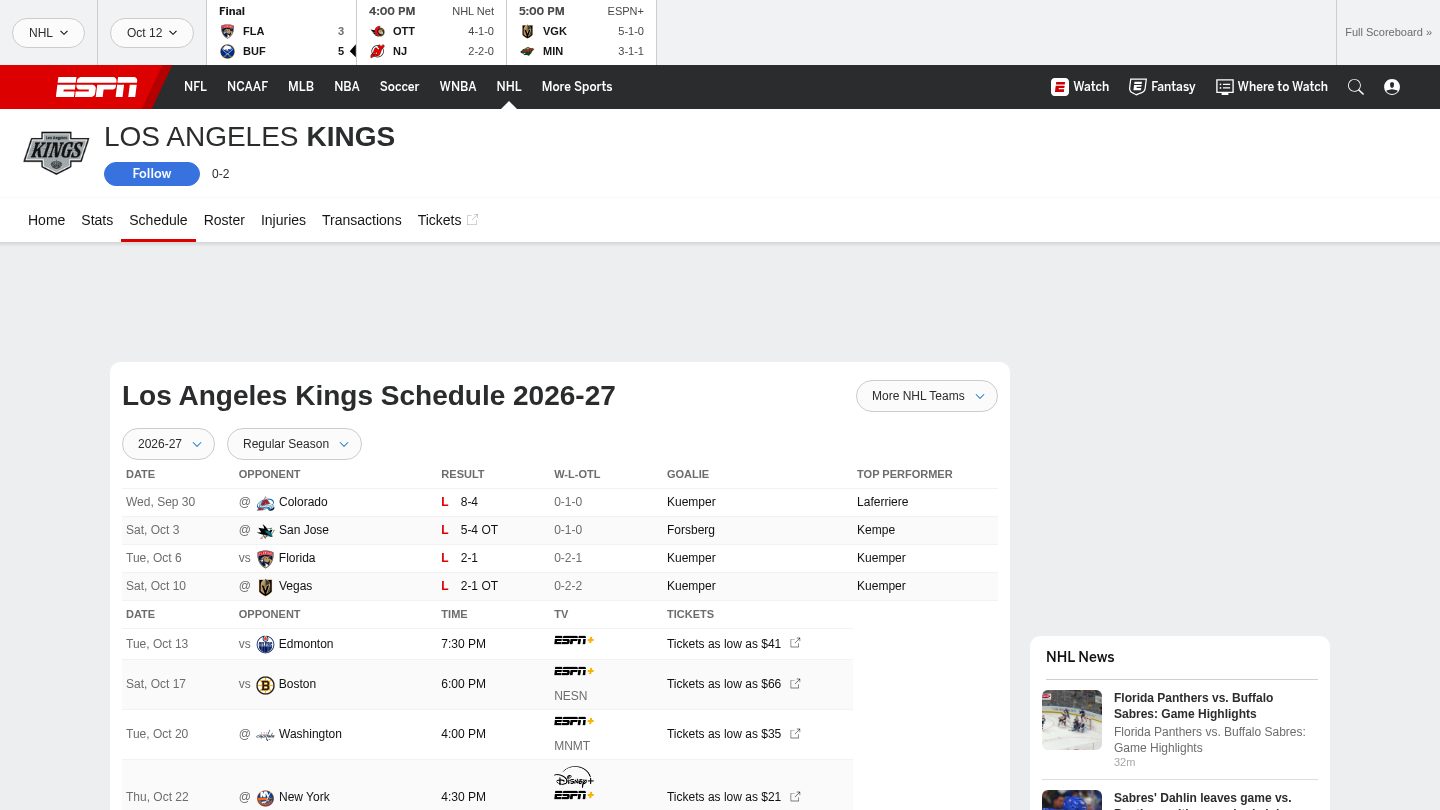 Los Angeles Kings 2026-27 Regular Season NHL Schedule(10/13 主场 vs 油人)