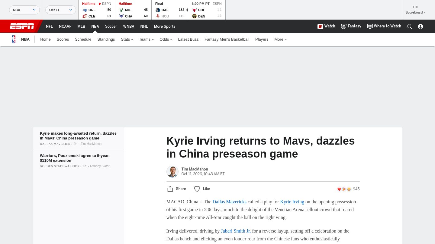 Kyrie Irving returns to Mavs, dazzles in China preseason game