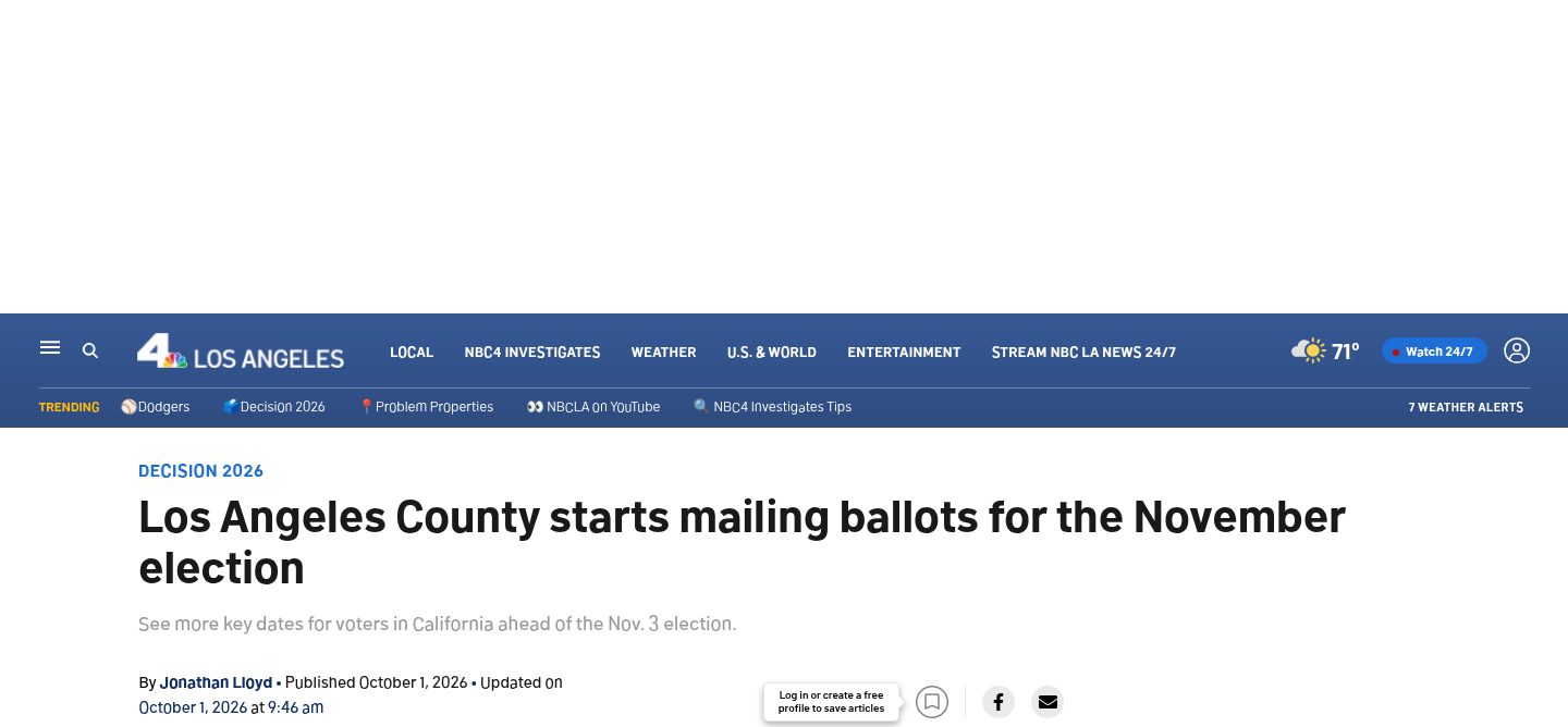 Los Angeles County starts mailing ballots for the November election