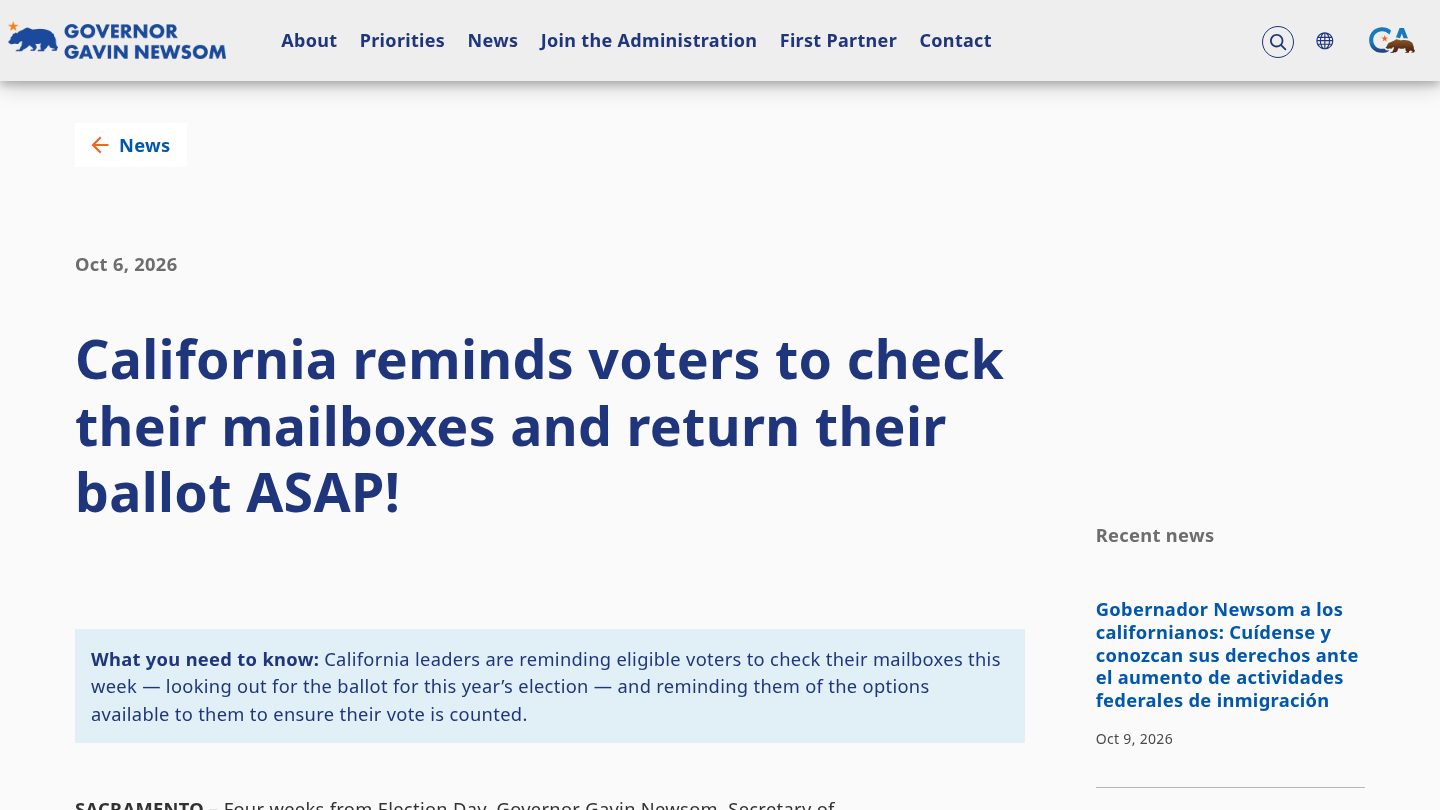California reminds voters to check their mailboxes and return their ballot ASAP!