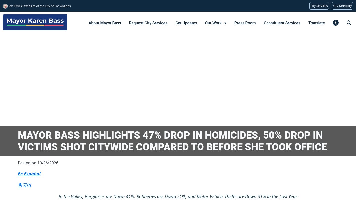 Mayor Bass Highlights 47% Drop in Homicides, 50% Drop in Victims Shot Citywide Compared to Before She Took Office