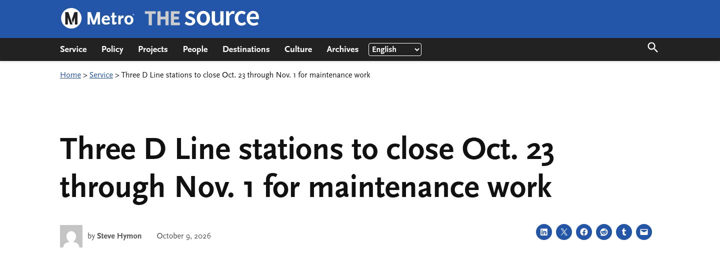Three D Line stations to close Oct. 23 through Nov. 1 for maintenance work