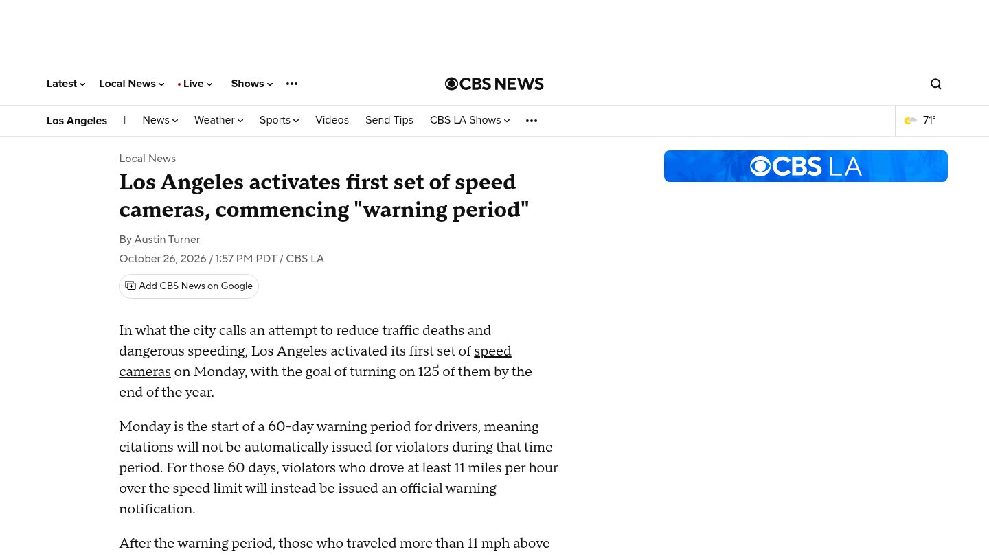 Los Angeles activates first set of speed cameras, commencing "warning period"