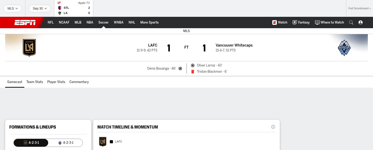 LAFC 1-1 Vancouver (Oct 10, 2026) Final Score