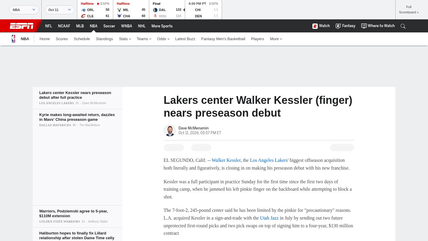 Lakers center Walker Kessler (finger) nears preseason debut
