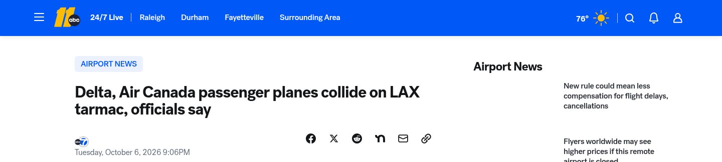 Delta, Air Canada passenger planes collide on LAX tarmac, officials say