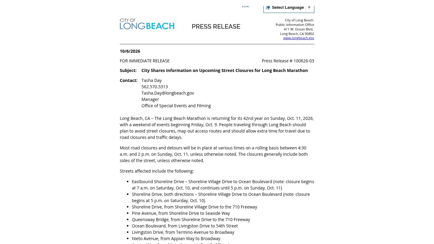 City Shares Information on Upcoming Street Closures for Long Beach Marathon