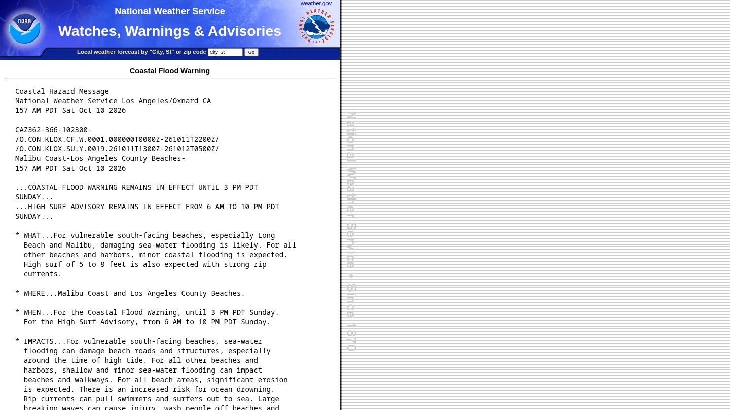 Coastal Flood Warning（National Weather Service Los Angeles/Oxnard CA）