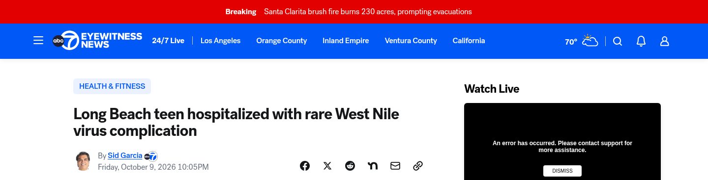 Long Beach teen hospitalized with rare West Nile virus complication