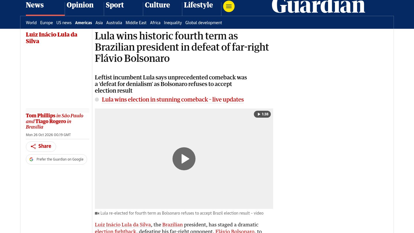 Lula wins historic fourth term as Brazilian president in defeat of far-right Flavio Bolsonaro