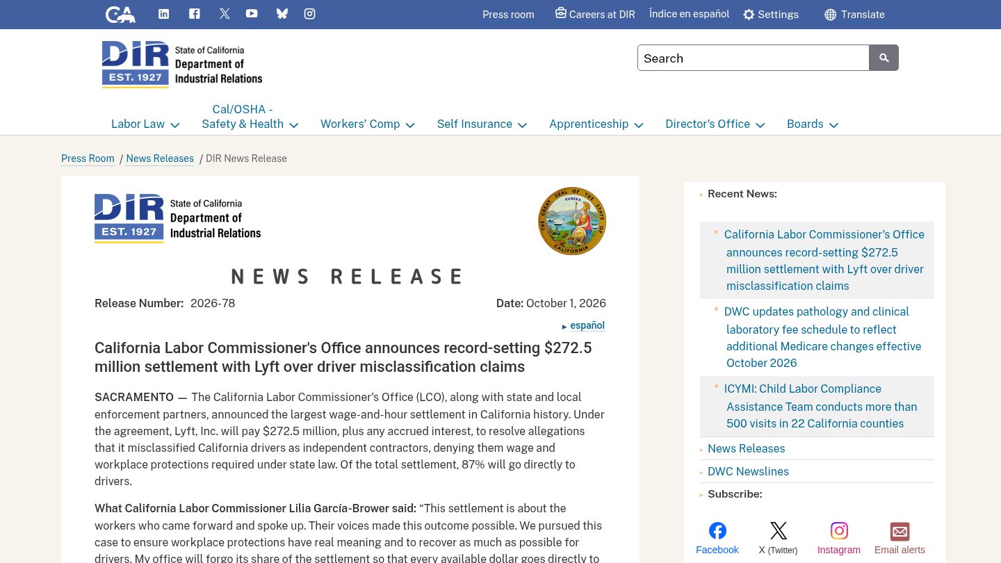 California Labor Commissioner's Office announces record-setting $272.5 million settlement with Lyft over driver misclassification claims