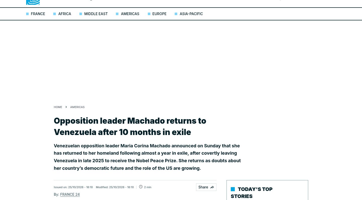 Opposition leader Machado returns to Venezuela after 10 months in exile