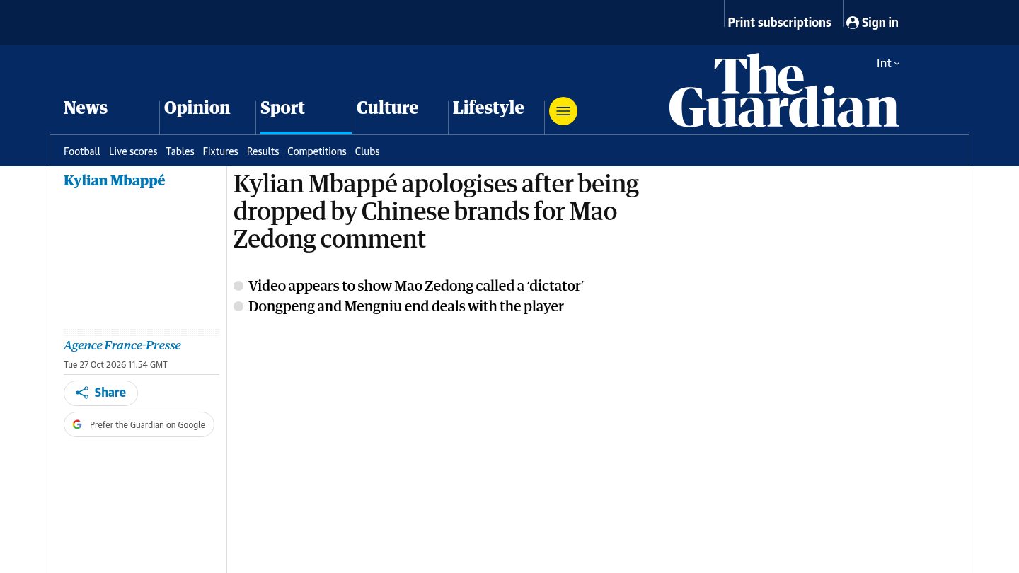 Kylian Mbappé apologises after being dropped by Chinese brands for Mao Zedong comment