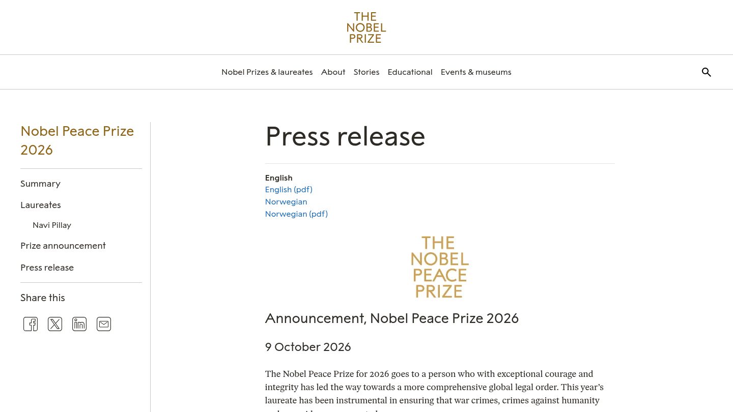 The Nobel Peace Prize 2026