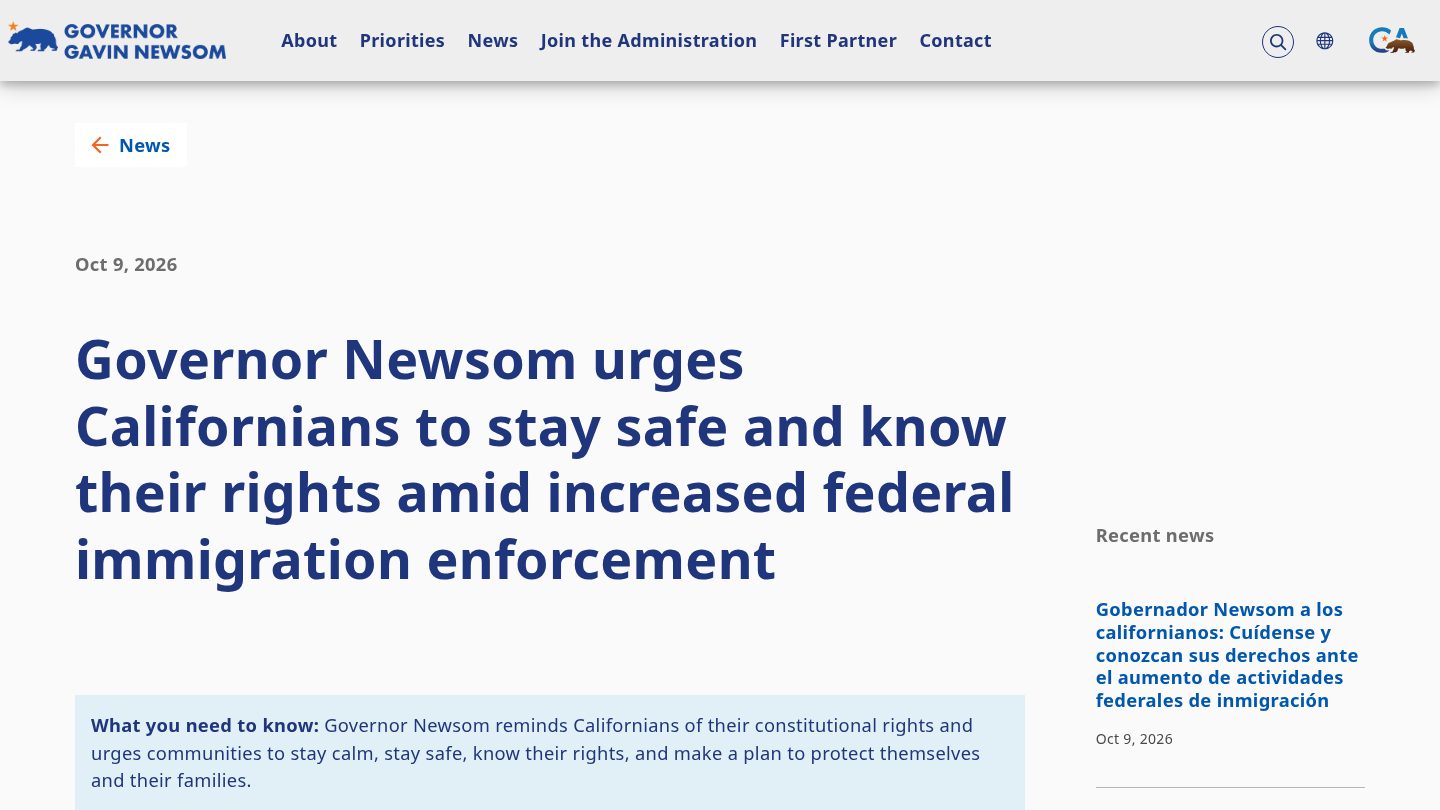 Governor Newsom urges Californians to stay safe and know their rights amid increased federal immigration enforcement