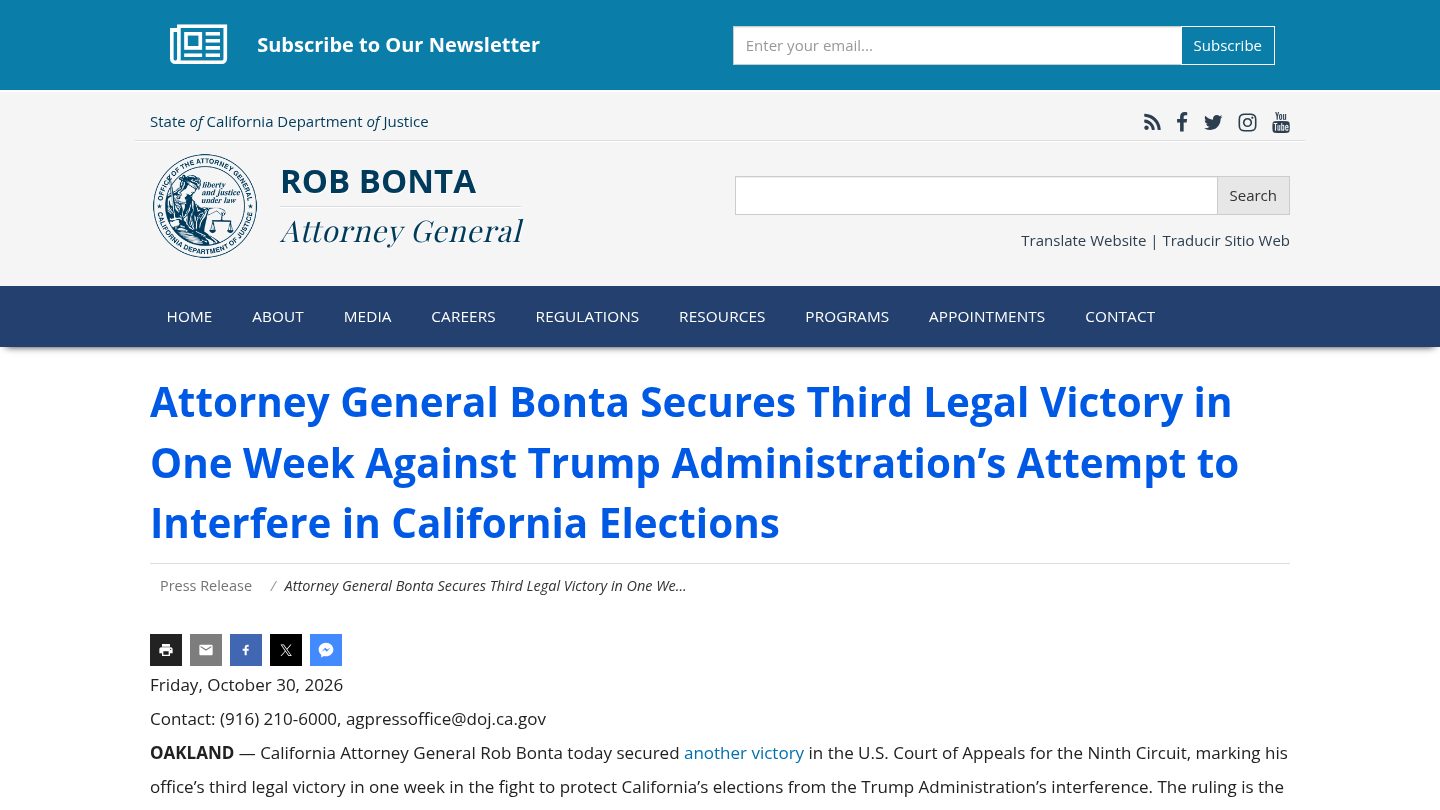 Attorney General Bonta Secures Third Legal Victory in One Week Against Trump Administration's Attempt to Interfere in California Elections