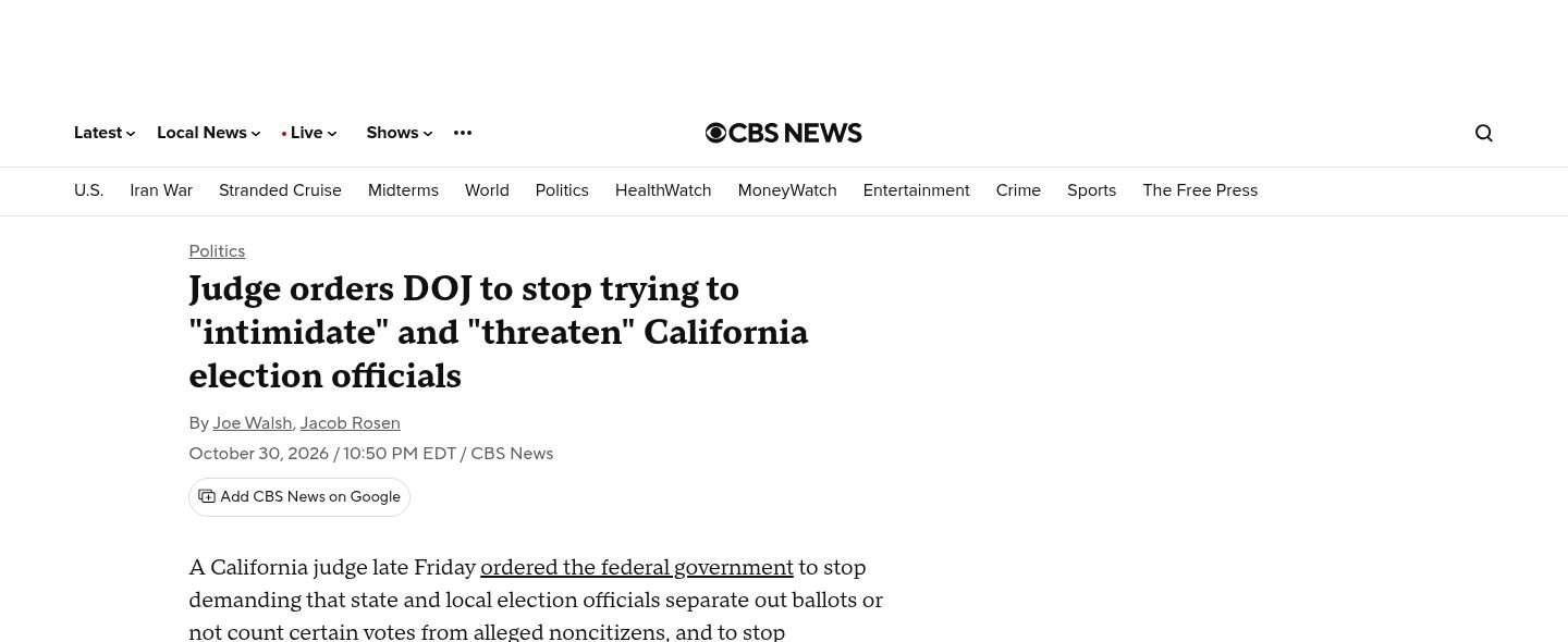 Judge orders DOJ to stop trying to "intimidate" and "threaten" California election officials